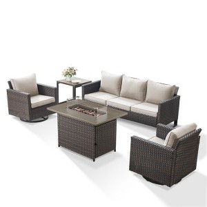 Buenhomino 5-Piece Patio Furniture Set with Fire Pit,Wicker Outdoor Swivel Rocker Chairs Patio Sofa for Backyard,Poolside,Deck,Gray Wicker - 1 of 4