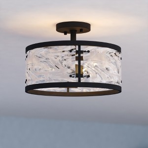 VAXCEL Wilder 3-Light 13 in. Wide Matte Black Contemporary Modern Drum Semi Flush Mount Lighting Fixture, White Swirl Glass Shade - 1 of 4