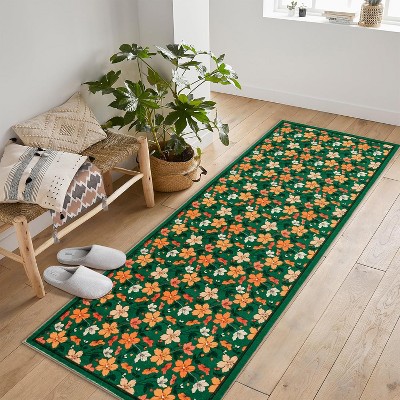 Boho Floral Washable Low-Pile Area Rug, Non-Slip for Living Room, Nursery, Bedroom & Playroom