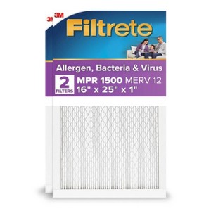 Filtrete 16x25x1 2pk Allergen Bacteria and Virus Air Filter 1500 MPR: Furnace Filter, MERV 12, Electrostatic, 3-Month Use - 1 of 4