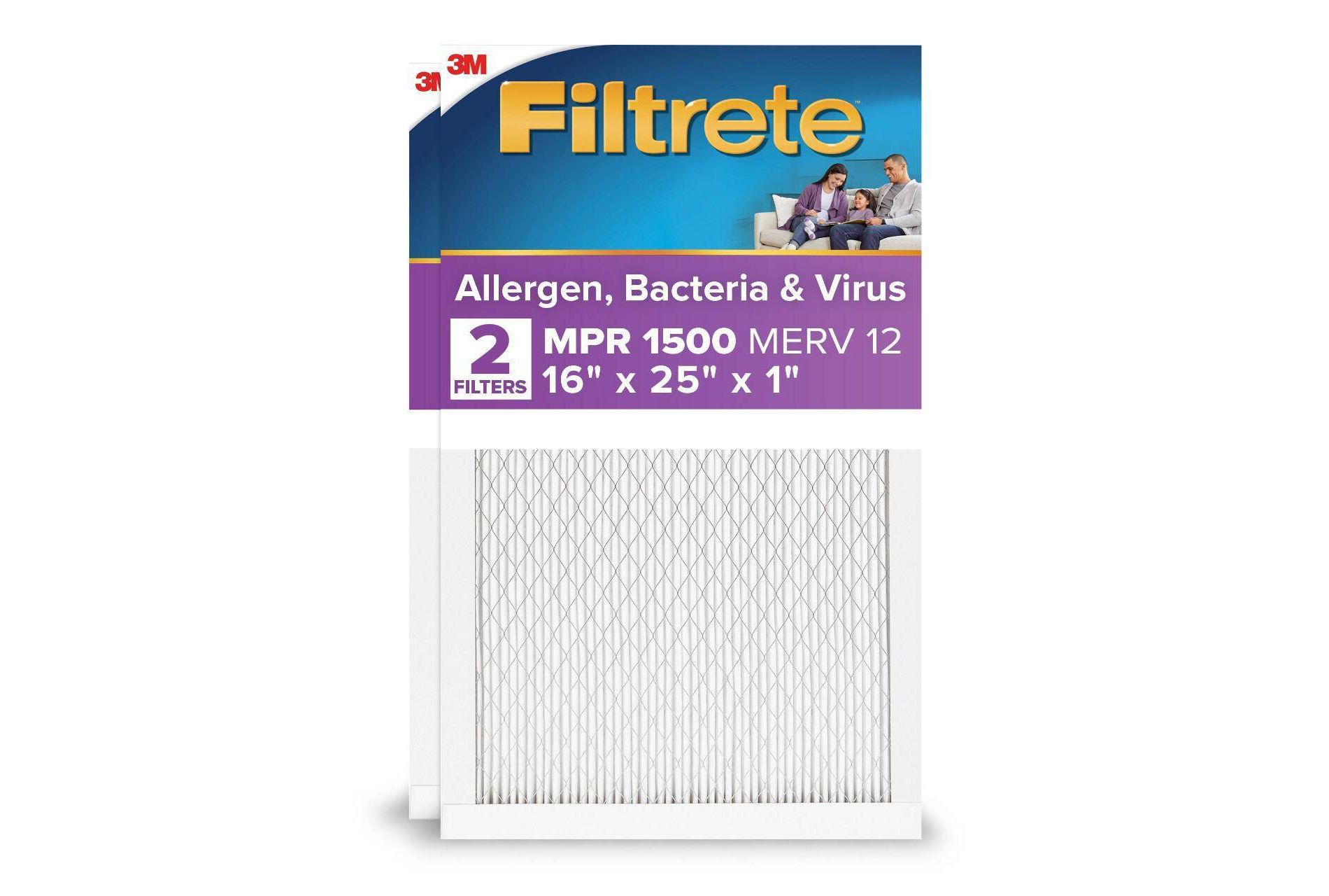Filtrete 16x25x1 2pk Allergen Bacteria and Virus Air Filter 1500 MPR: Furnace Filter, MERV 12, Electrostatic, 3-Month Use