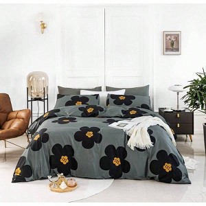 Black Flower Duvet Cover King 100 Cotton Set of 3 Set with Zipper Ties, Cute Yellow Grey Blossom Pattern, 2 Pillowcases - 1 of 4