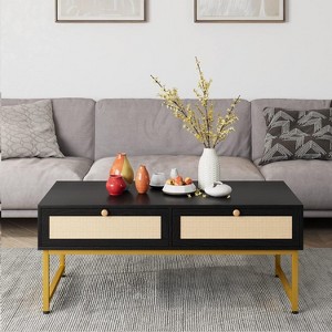 46-Inch Mid-Century Modern Coffee Table with 2 Rattan Drawers, Wood Top & Sturdy Metal Frame, Accent Center Table for Living Room or Meeting Room - 1 of 4