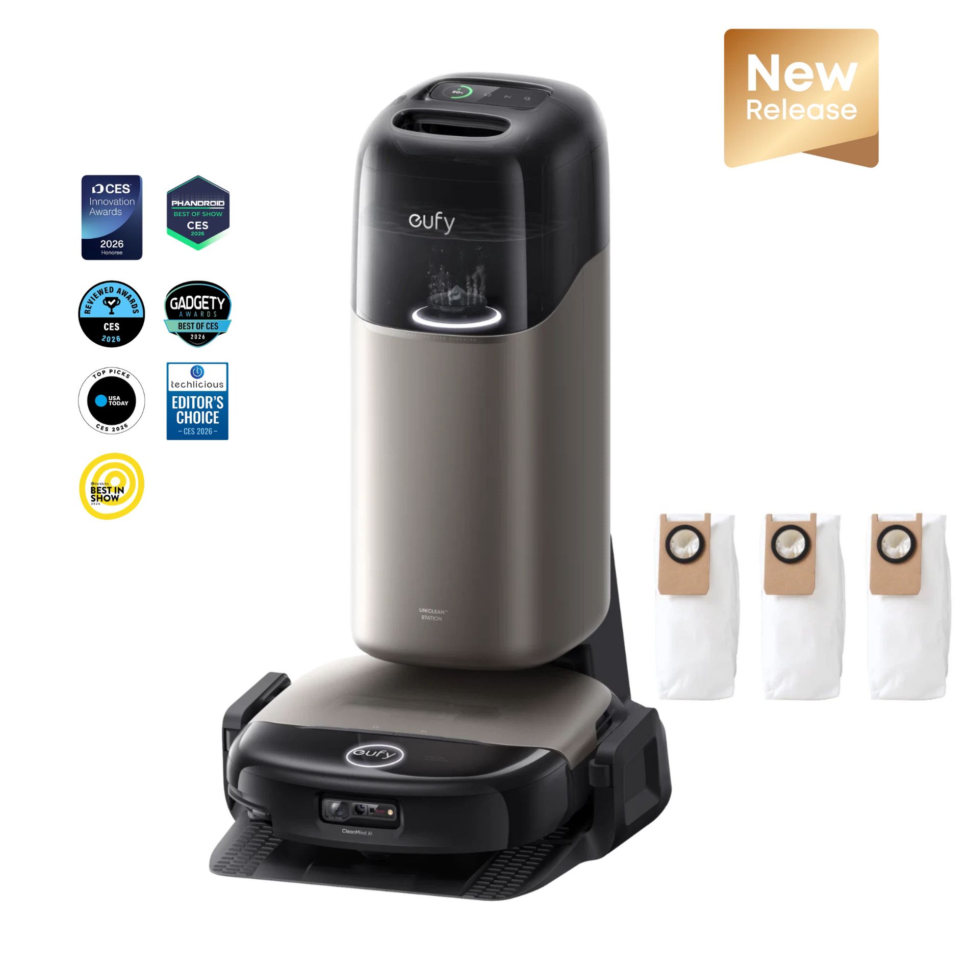 eufy Robot Vacuum Omni S2 and Mop Combo + 3-Pack Dust Bag, 30,000 Pa AeroTurbo™ 2.0 Long-Lasting Suction, HydroJet ™ 2.0 Self‑Cleaning Roller Mop,