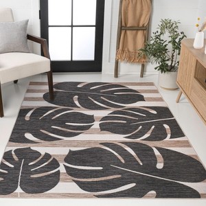 JONATHAN Y Allison Classic Beach Stripe and Monstera Leaf Indoor/Outdoor Area Rug - 1 of 4