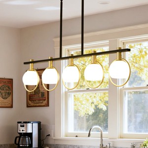 BAOURE 34.25" Black and Gold Chandelier, 4 Lights Kitchen Island Lighting, Dining Room Light Fixture with Glass Shade,Linear Chandeliers for Kitchen - 1 of 4