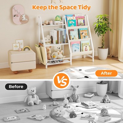 Before and after comparison of cluttered space vs organized kids bookshelf setup