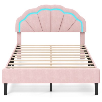 Infans Full Size Upholstered LED Bed Frame Soft Velvet Platform Bed w/Flower Headboard