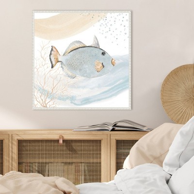 Ocean Oasis Waves Blue Fish Canvas Wall Art with White Frame