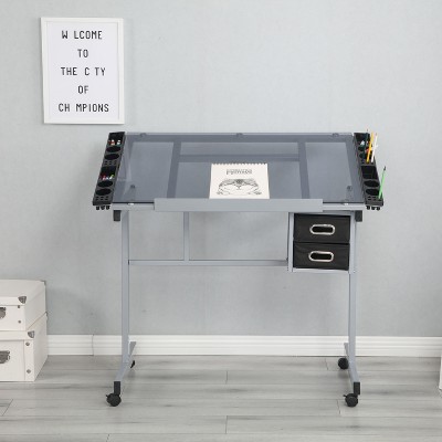 NicBex 0-75°Adjustable Drawing Desk Drafting Printing Table with 2 Drawers&Wheels,Home Craft Station with Tempered Glass Top,Silver