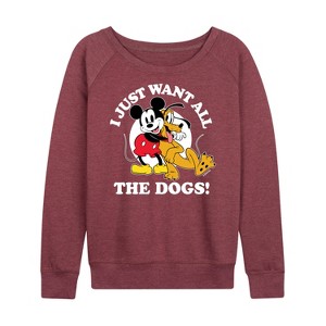 Women's - Disney - Mickey Pluto Just Want All Dogs Lightweight French Terry Wide Neck Long Sleeve Shirt - 1 of 4