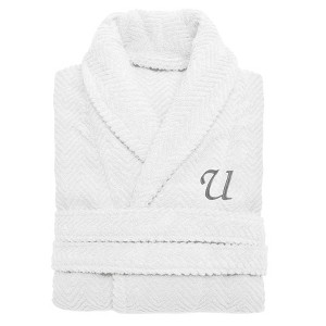 Linum Home Textiles 100% Turkish Cotton Unisex Personalized Herringbone White Bathrobe in Grey Chancery Font - 1 of 2