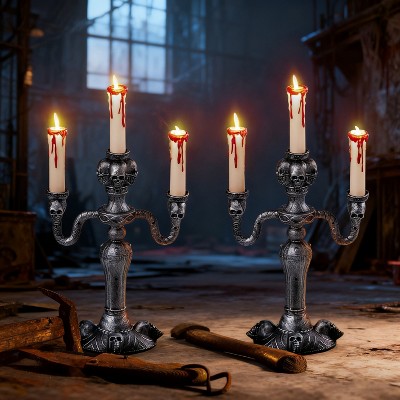 Joyfy 2 Pcs Halloween Decoration Skull Candelabra, LED Lights Flameless Candles Holder Table Decor for Haunted House Home Party Supply