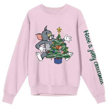 Tom & Jerry Tom Have A Jolly Christmas Crew Neck Long Sleeve Cradle Pink Adult Sweatshirt