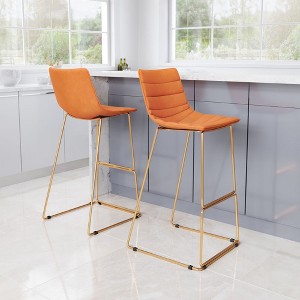 Velvet Barstool 40.2" H, Orange Upholstery and Gold Electroplated Legs by Zuo Modern (Set of 2) - 1 of 4