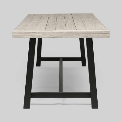 Sleek Acacia Wood & Metal Frame Outdoor Dining Table, Light Gray/Black