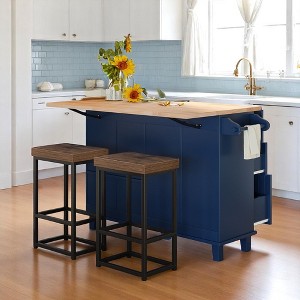 Farmhouse Kitchen Island Set with Drop Leaf,Storage Cabinet,Drawers, Towel Rack and 2 Stools, Dining Table Set with Adjustable Shelf, Kitchen Cabinets - 1 of 4