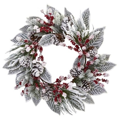 Nearly Natural 24” Snowy Magnolia Berry Artificial Wreath