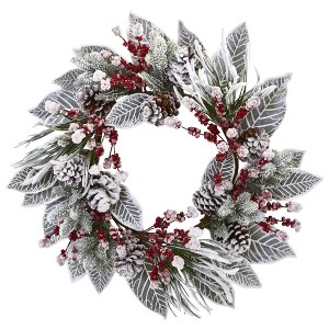 Nearly Natural 24” Snowy Magnolia Berry Artificial Wreath - 1 of 1