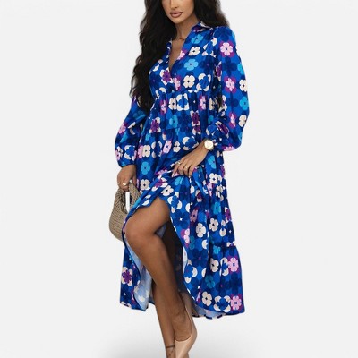 Amaryllis Women's Sleeveless Tiered Maxi Dress Collared V-Neck Relaxed Fit Floral Print Flowy Dress