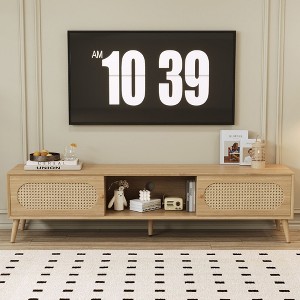 PAGED Rattan TV Stand with Variable Color Light Strip, Wooden TV Console with Adjustable Shelf and Metal Leg, TV Stands for Living Room - 1 of 4