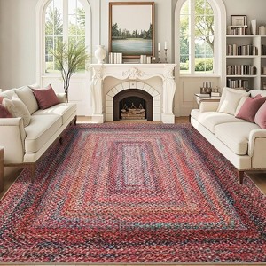 Bordered Braided Print Rug – Modern Washable Stain Resistant Non-Slip Indoor Carpet for Living Room, Bedroom, Nursery – Colorful - 1 of 4