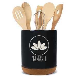 Elanze Designs Yoga Zen Calming Calm Namaste Relaxed Ceramic Cork Bottom Black Large Capacity Utensil Holder Crock for Countertop Storage, Stylish & - 1 of 4