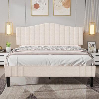 VECELO Bed Frame, Upholstered Platform Bed with Soft Teddy Fabric Adjustable Headboard, Beige/Gray