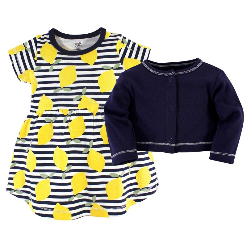 Touched by Nature Baby and Toddler Girl Organic Cotton Dress and Cardigan 2pc Set, Lemons, 2 of 5