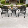 3-Piece Cast Aluminum Outdoor Dining Set: Round Table, Stackable Chairs & Red Cushions - All-Weather Patio Furniture for Your Backyard - 2 of 4