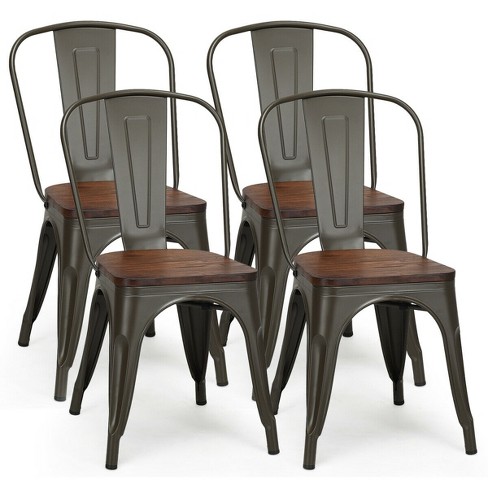 Costway Set of 4 Style Metal Dining Side Chair Wood Seat Stackable Bistro Cafe