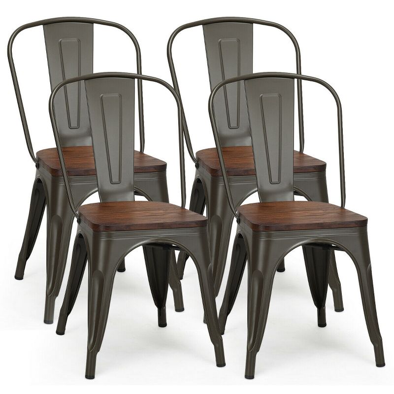 Costway Set of 4 Style Metal Dining Side Chair Wood Seat Stackable Bistro Cafe, 1 of 11