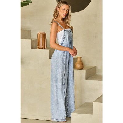 Beau Blue Light Wash Frayed Seam Wide Leg Jumpsuit