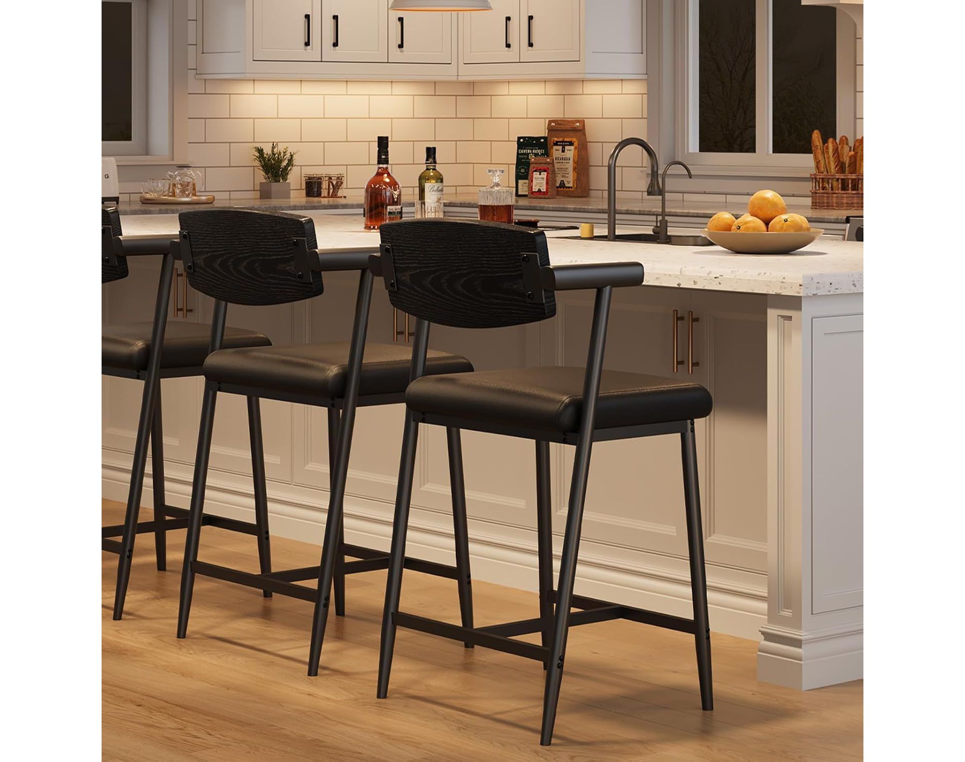 Acekool Counter Height Bar Stools Set of 2 with Arms, Upholstered Wide Seat & Back, Metal Frame with Footrest for Kitchen Island, Rustic Brown