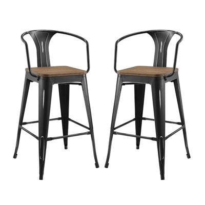 Modway Promenade Bar Stool Set of 2 - Powder Coated Steel , metal/powder coating (antique), bamboo seat(painted), Plastic foot pad, Chair Weight Capa