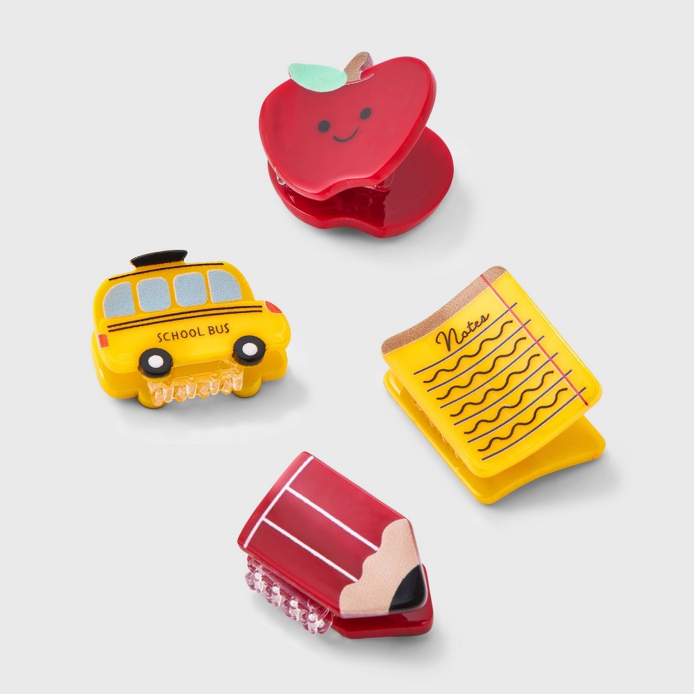 Teacher Apple Bus Pencil Mini Claw Hair Clip Set 4pc - Yellow