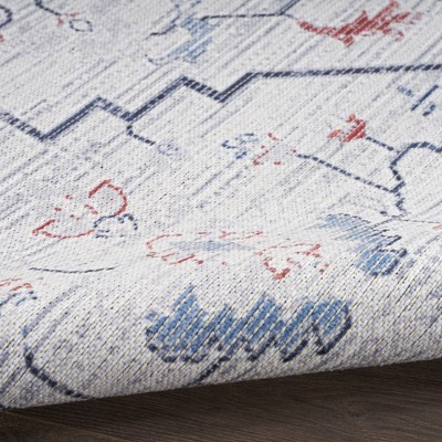 Ivory Blue Floral Cotton Synthetic Runner Rug 2'2" x 10'