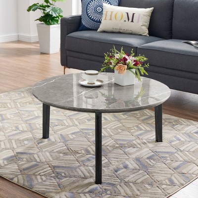Round Coffee Table End Table Cocktail Table Sofa Table Side Table Accent Table Center Table with Imitation Marble Top, White/Black/Gray-ModernLuxe