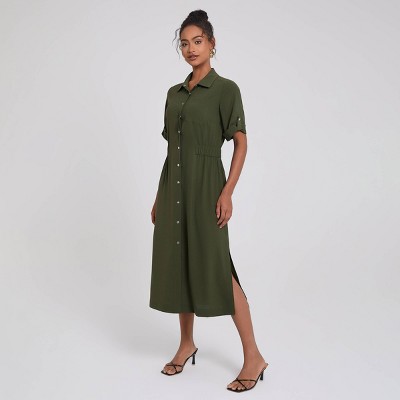 Women's Short Sleeve Front Open Button Closure Side Slit Blouse Dress - A New Day™ Dark Olive Green