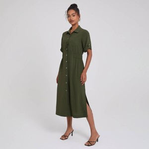 Women's Short Sleeve Front Open Button Closure Side Slit Blouse Dress - A New Day™ Dark Olive Green - 1 of 4
