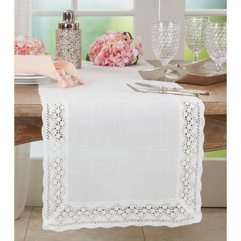 Saro Lifestyle Table Runner with Lace Border Design, 16"x72", White, 3 of 4