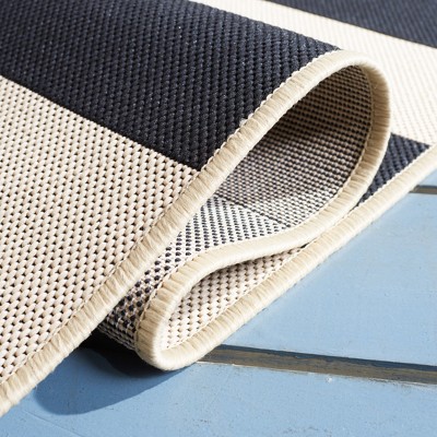 Beige and Black Striped Synthetic Rectangular Area Rug