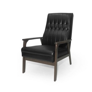 Gulches Mid Century Modern Accent Chair, Matte Black Faux Leather with Wood Frame & Tufted Backrest - 1 of 4