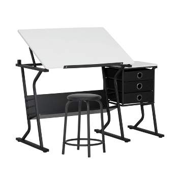 2pc Eclipse Ultra Center/Drawing Table with Angle Adjustable Top, Storage Shelf, and Drawers with Padded Stool Set - Studio Designs Home