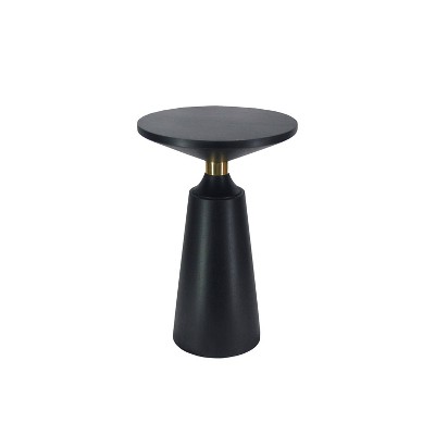 The Urban Port 20" Side End Table Black Mango Wood Round Top with Pedestal Base Shiny Brass Support Black/Brass