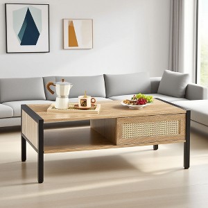 KWPZQEB Rattan Coffee table, Modern Coffee Table with Rattan Sliding Door and Metal Legs, Rectangle Center Table for Living Room, Apartment - 1 of 4