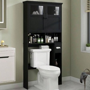 Over Toilet Storage Cabinet with Double Doors Toilet Paper Holder Stand, Freestanding Black Shelf Space Saver with Anti - 1 of 4