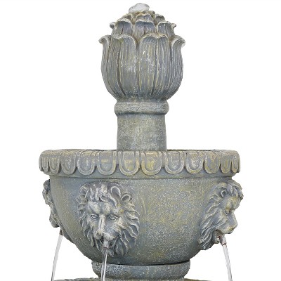 Gray 53" Fiberglass and Resin 4-Tier Lion Head Outdoor Water Fountain