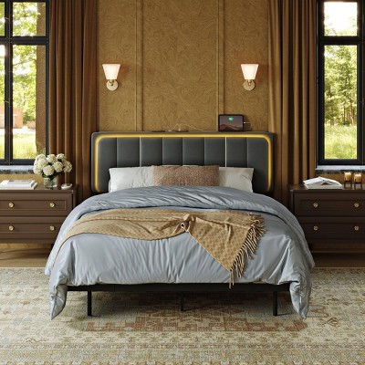 WOWLIVE Floating Bed Frame with Charging Station and LED Lights, Upholstered Platform Bed Frame with Adjustable Headboard and Under-Bed Storage