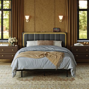 WOWLIVE Floating Bed Frame with Charging Station and LED Lights, Upholstered Platform Bed Frame with Adjustable Headboard and Under-Bed Storage - 1 of 4